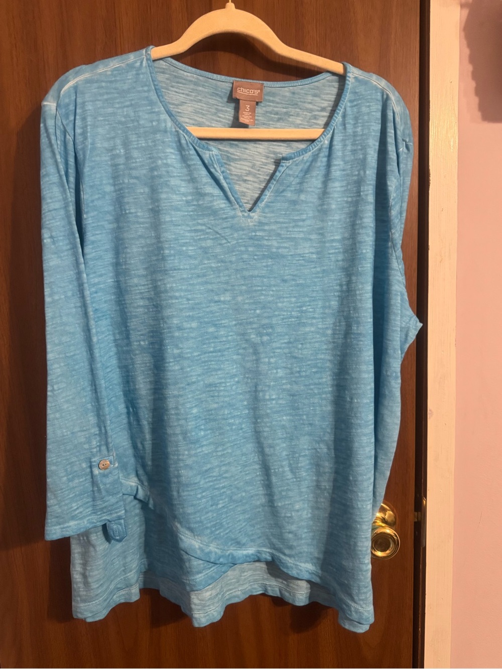 Chicos size 3  Light Blue V-Neck Roll-Sleeve Women's Top